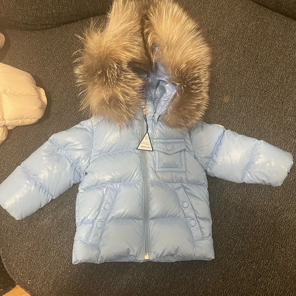 Moncler Light Blue Puffer Jacket with Fur Trim